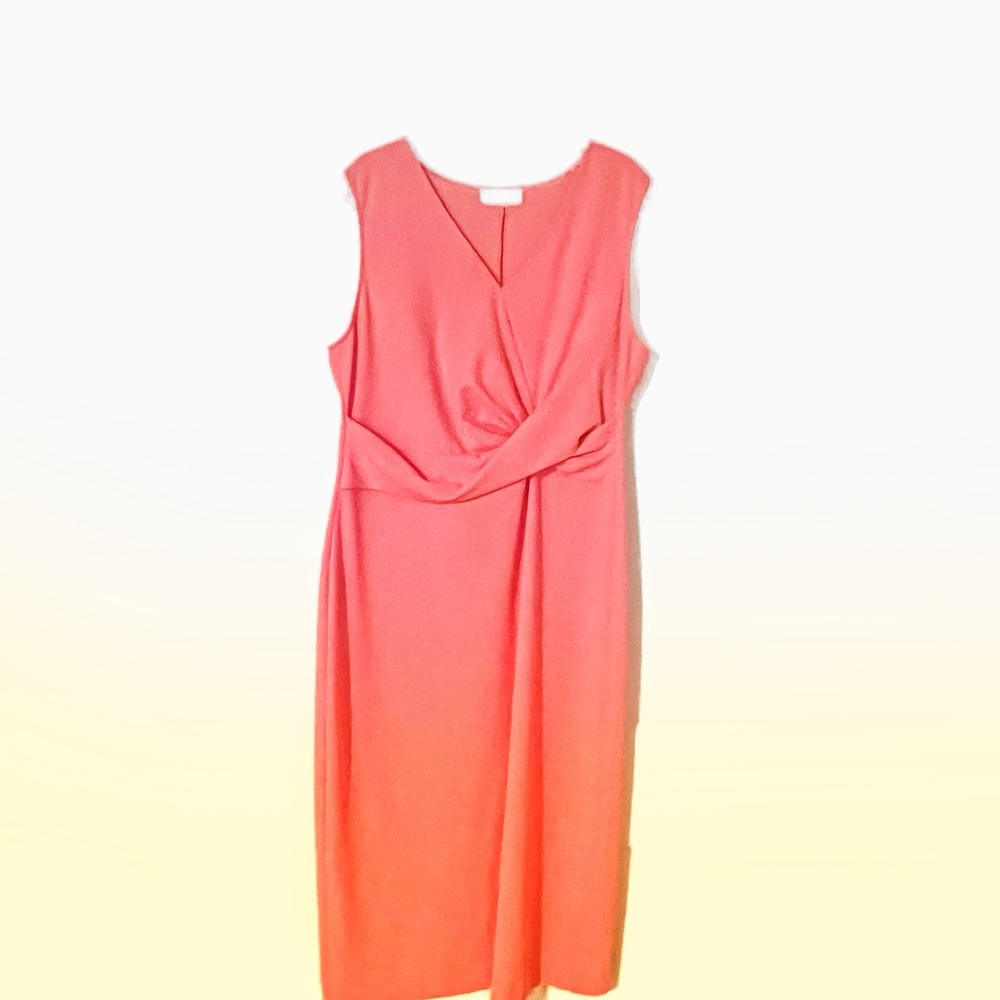 Pink/Melon sheath dress with slimming waist detail, mid calf length. Size 14.